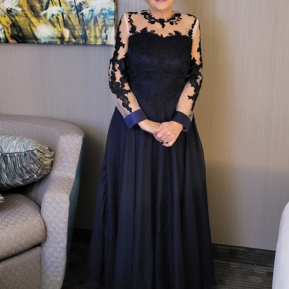 Dress - A-Line Scoop Illusion Floor-Length Chiffon Lace Evening Wear Beading